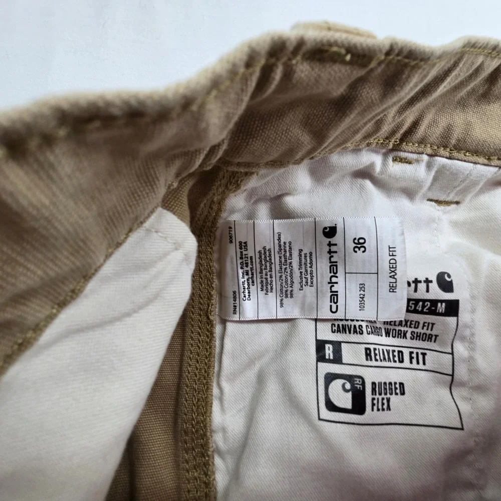 Carhartt Mens Rugged Flex Relaxed Fit Canvas Cargo Work Shorts Tan 36 BS3542-M